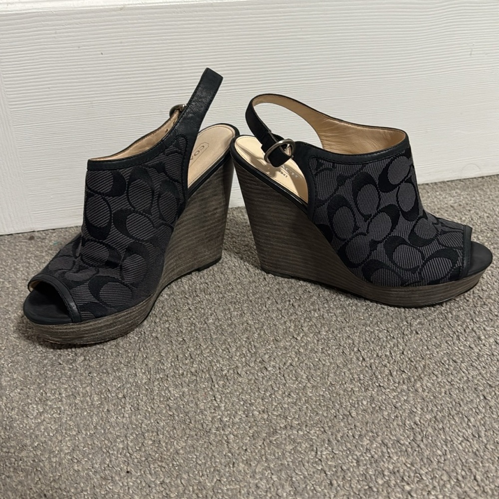 Coach Black Wedge Sandals with Peep-Toe